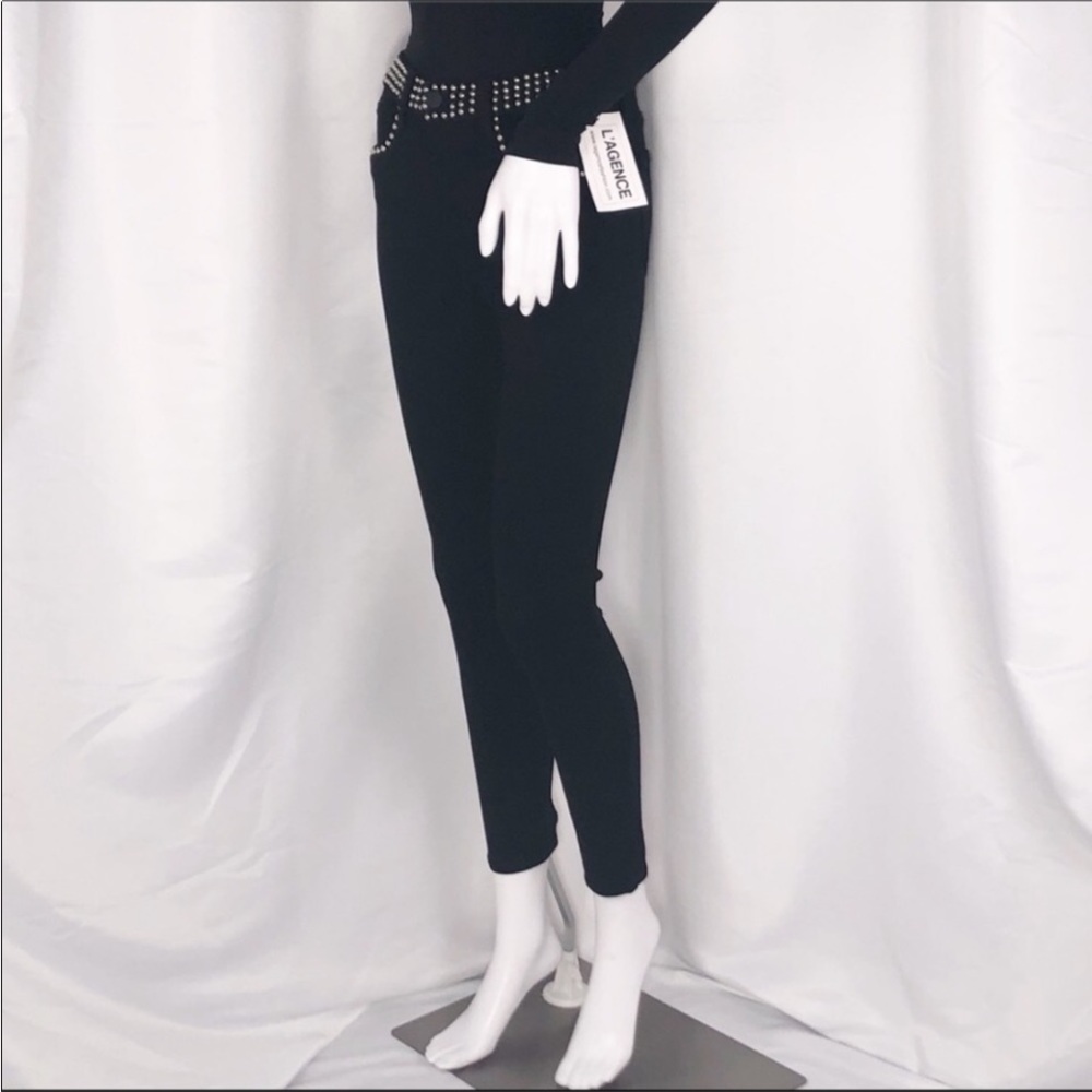 L’Agence Black Margot Studded Trim High Rise Stretch Fit Skinny Ankle Jeans Sz26 - Picture 6 of 16